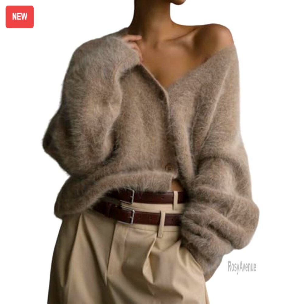 Women's Fuzzy V-Neck Cardigan Sweater Long Sleeve Button Down Slouchy Knit - Picture 2 of 8